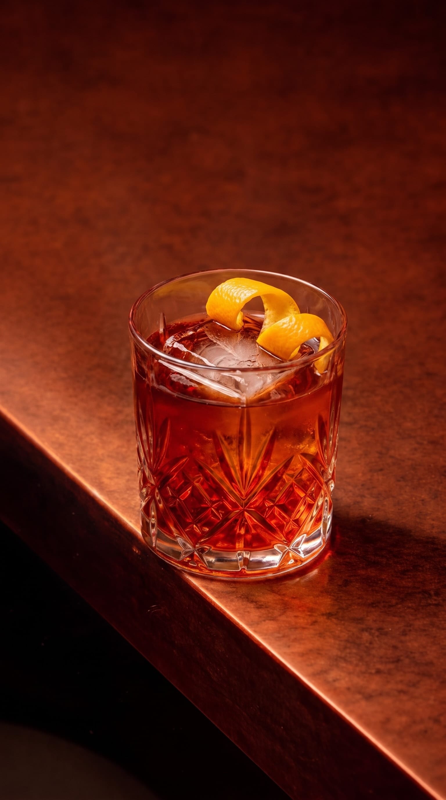 Negroni kokteyli, portakal kabuğu ve iri buz, bakır tezgah