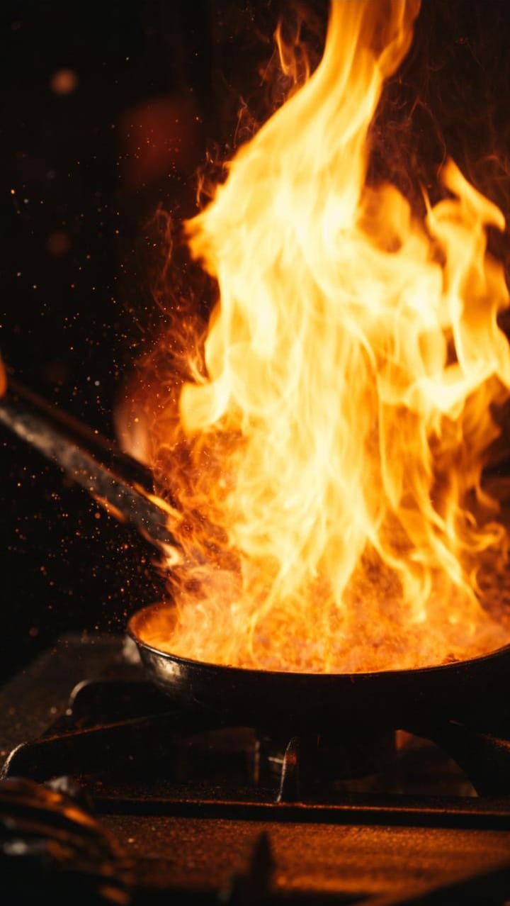 Ocakta tavada yükselen alevle flambe/wok anı, mutfak aksiyonu yakın çekim