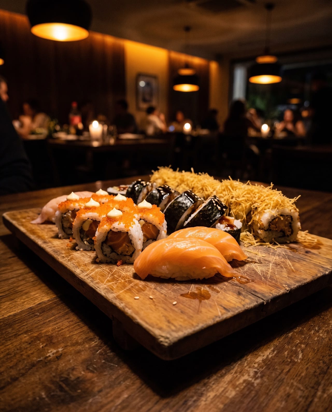 Ahşap servis tahtasında karışık sushi, arkada mumlu masalar ve sıcak ışıklı restoran iç mekânı bulanık