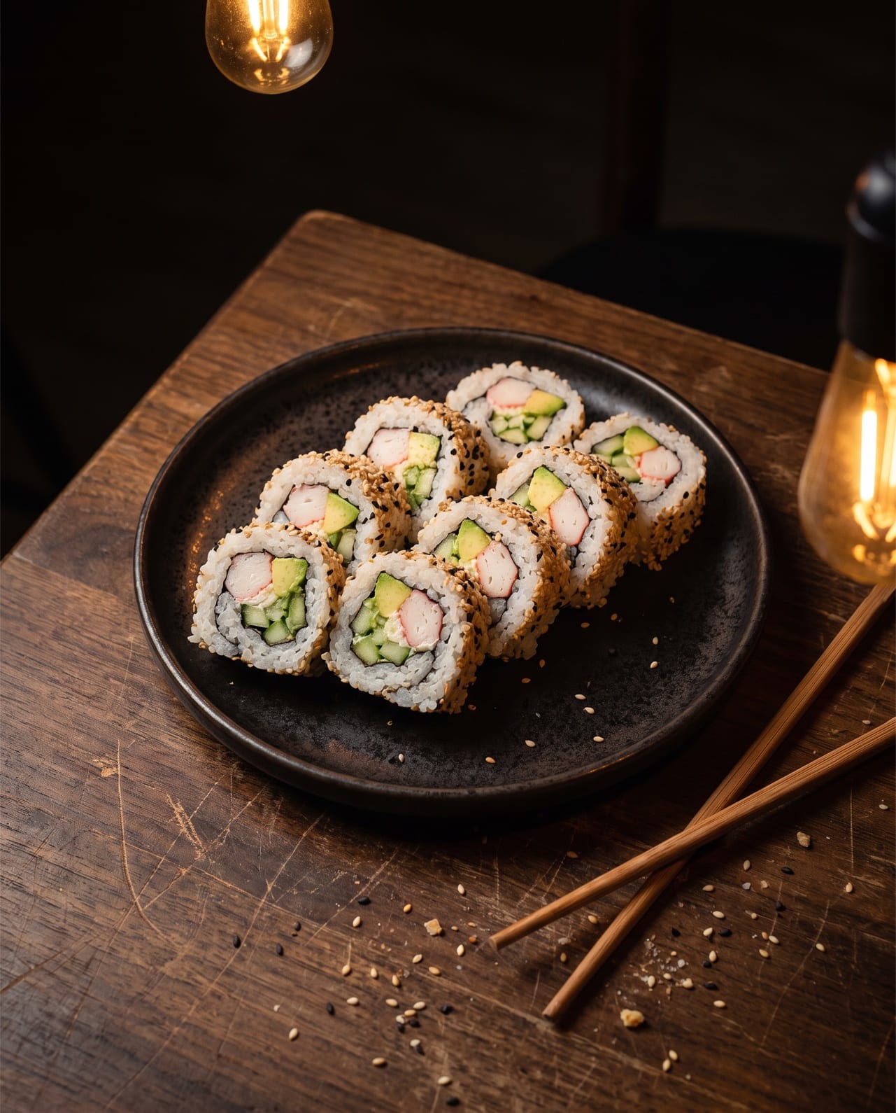 California roll dilimleri, dışı susam kaplı, içinde surimi, avokado ve salatalık; koyu tabakta, sıcak akşam ışığında