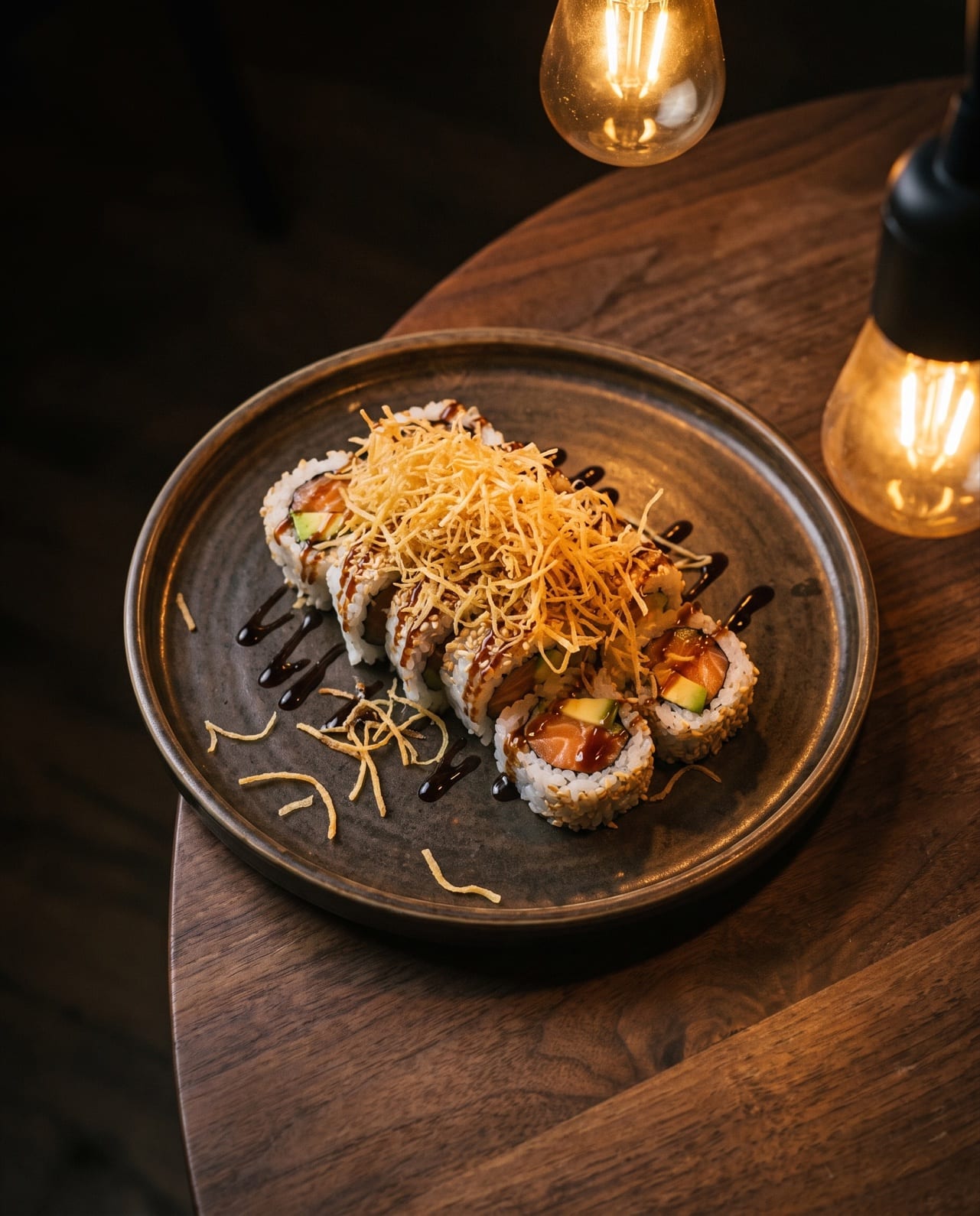 Crunchy salmon roll, üzerinde kıtır altın rengi kaplama ve koyu sos çizgileri, içinde somon ve avokado; koyu tabakta