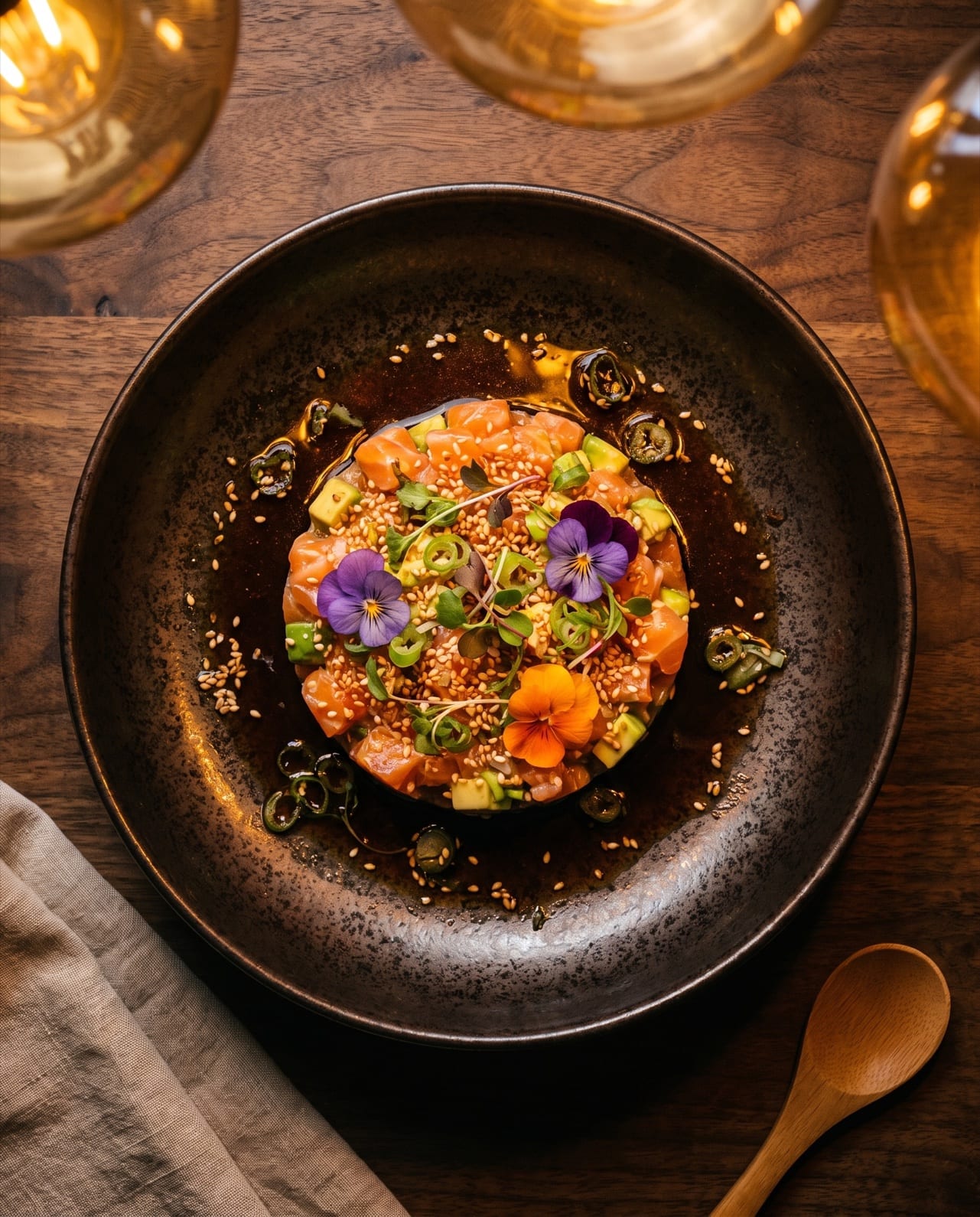 Ponzu soslu somon tartar, küp doğranmış somon ve avokado, üzerinde susam, çin soğanı ve yenilebilir çiçek; koyu kasede