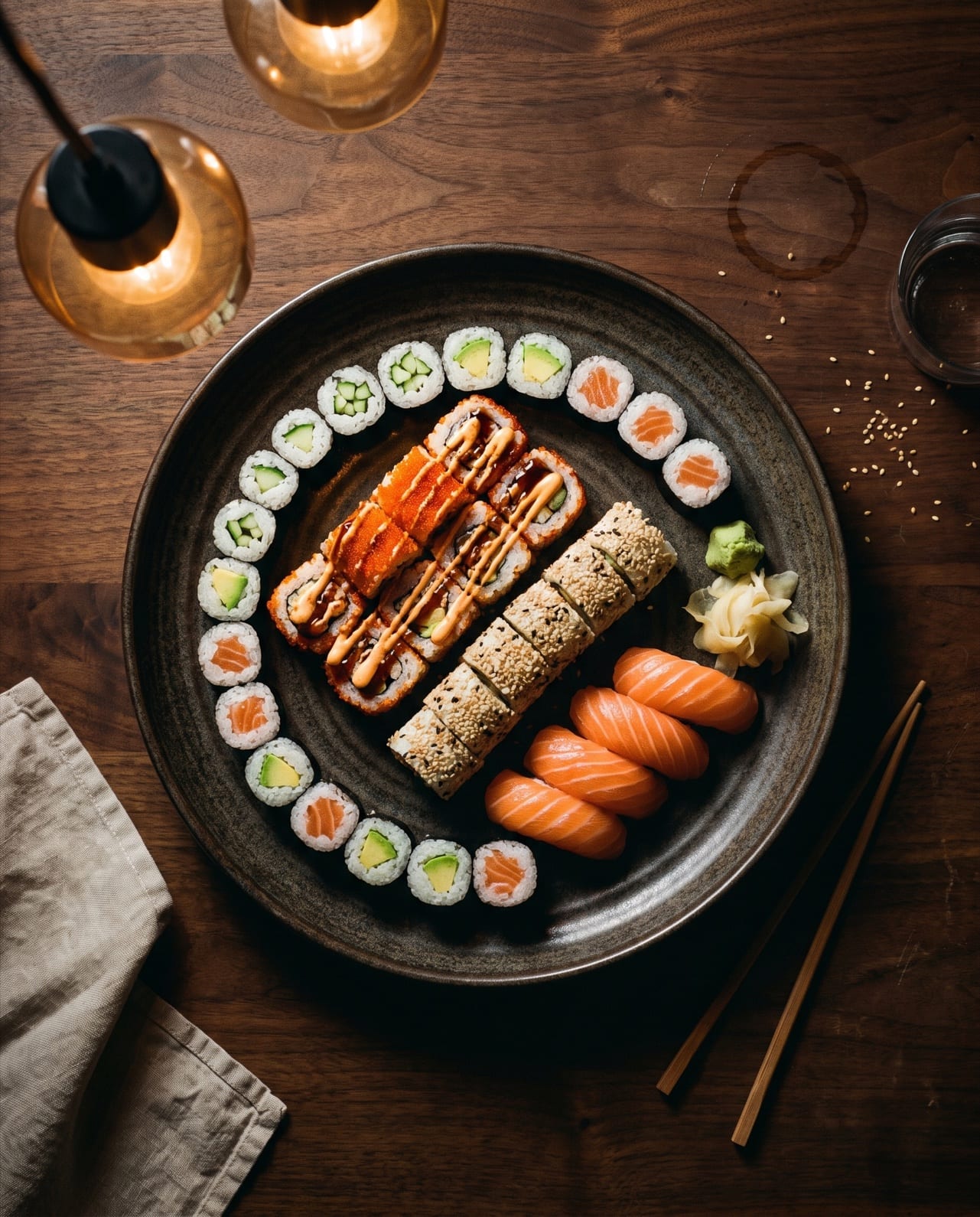 Koyu ahşap masada siyah tabakta karışık sushi seçkisi, çevresinde maki halkası, somon nigiri, wasabi ve turşu zencefil; üstten, sıcak sarkıt ışığında